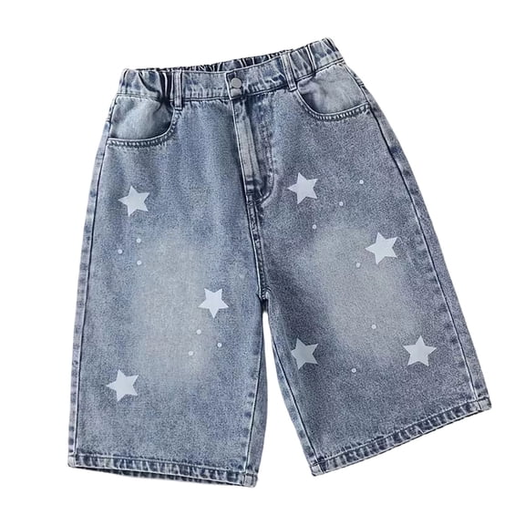 Hiijoy Girls Jean Shorts Star Casual Pockets Shorts Button High Rise Elastic Waist Shorts