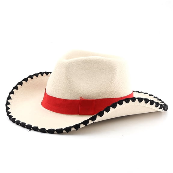 TIANZEN Classic Red Ribbon Western Cowboy Hat Jazz Fedora Unisex Ethnic Style Wide Brim Headwear Hats for Men