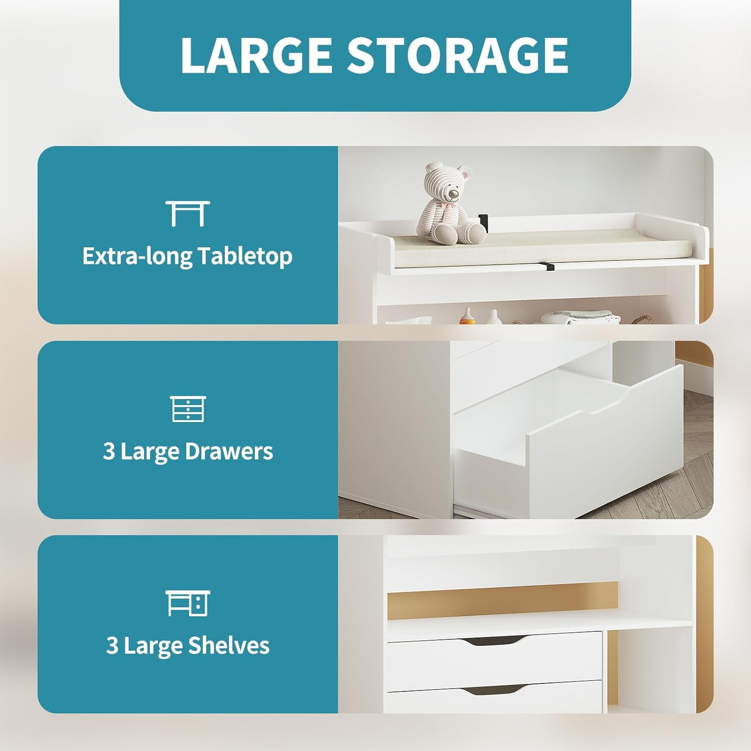 Linor Baby Changing Table Dresser with 3 Drawers and 3 Storage Shelves, Can be Used as a Baby Dresser with Changing Table Top, a Baby Changing Station, a Wood Diaper Changing Station (White)