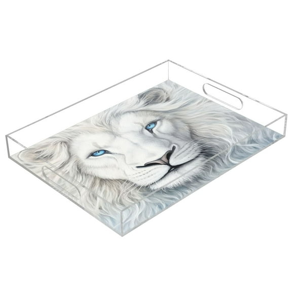 Acrylic Tray 15.7*11.8*1.9 Inch Transparent Tray Food Tray Tea Cup Tray Serving Trays Cosmetics Storage Kitchen Table Bathroom Sundry Storage White Lion Face