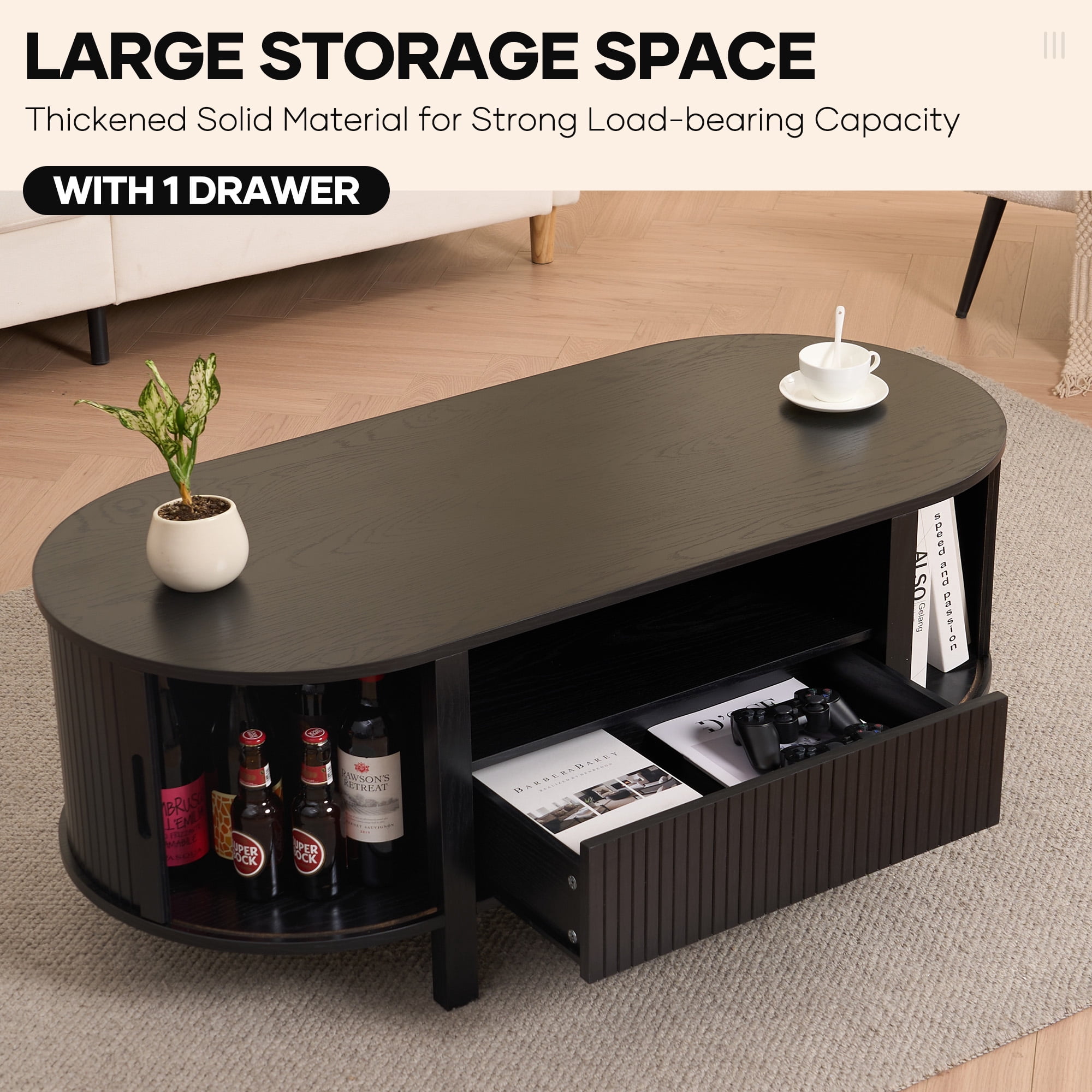 MARNUR Fluted Coffee Table with Storage, Mid Century Modern Center with Sliding Tambour Door for Living Room, Black