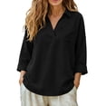 thumbnail image 2 of Crunowin Womens V-neck Linen Shirts, Spring Summer Blouse Top with Pockets Black 2XL, 2 of 6