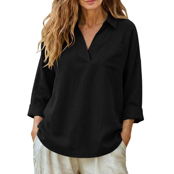Craaazy Ladies Casual Collared V-Neck Long Sleeve Tops, Chest Pocket Blouse for Spring & Summer Daily Wear Gifts