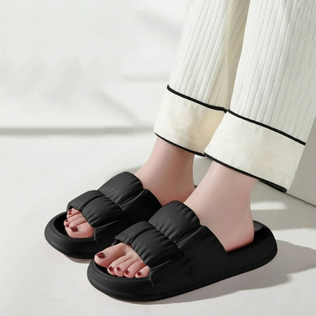 

〖Yilirongyumm〗 Black 38-39 Slippers For Women Ladies Couple Slippers Bathroom Slippers Flat Platform Pleated Home Slippers