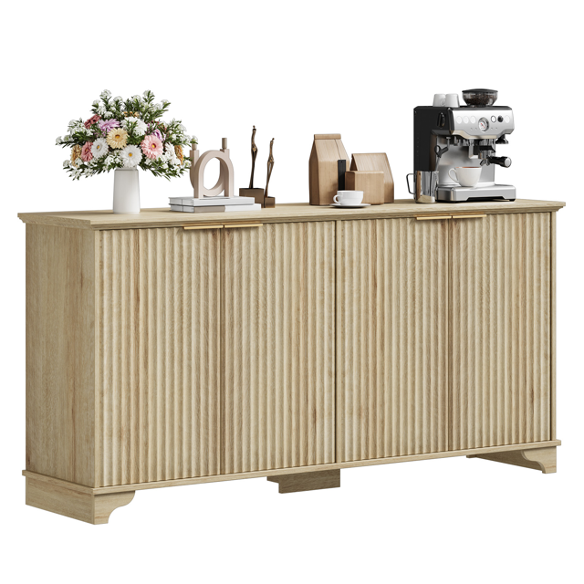 Fluted Sideboard Buffet Cabinet with Storage, 4 Door Kitchen Storage Cabinet, Coffee Bar Buffet Cabinetry with Adjustable Shelves, Extra Load-Bearing Support Feet, for Kitchen