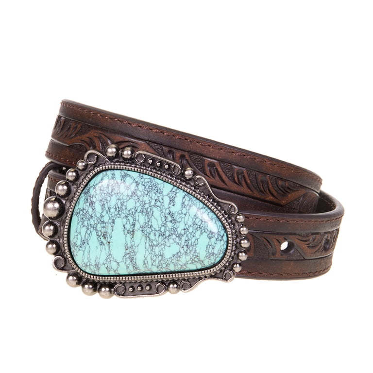 Nocona Western Tooled Leather Belt Women Large Turquoise Rhinestone Green Buckle N3412002 – Wild Bill main image 3
