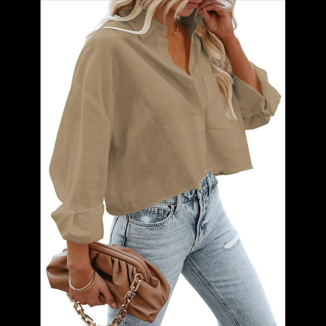 Camisas de Mujer con Botones, Tops Casuales de Larga, Blusa con Solapa y Bolsillo en el Pecho Caqui XXL
