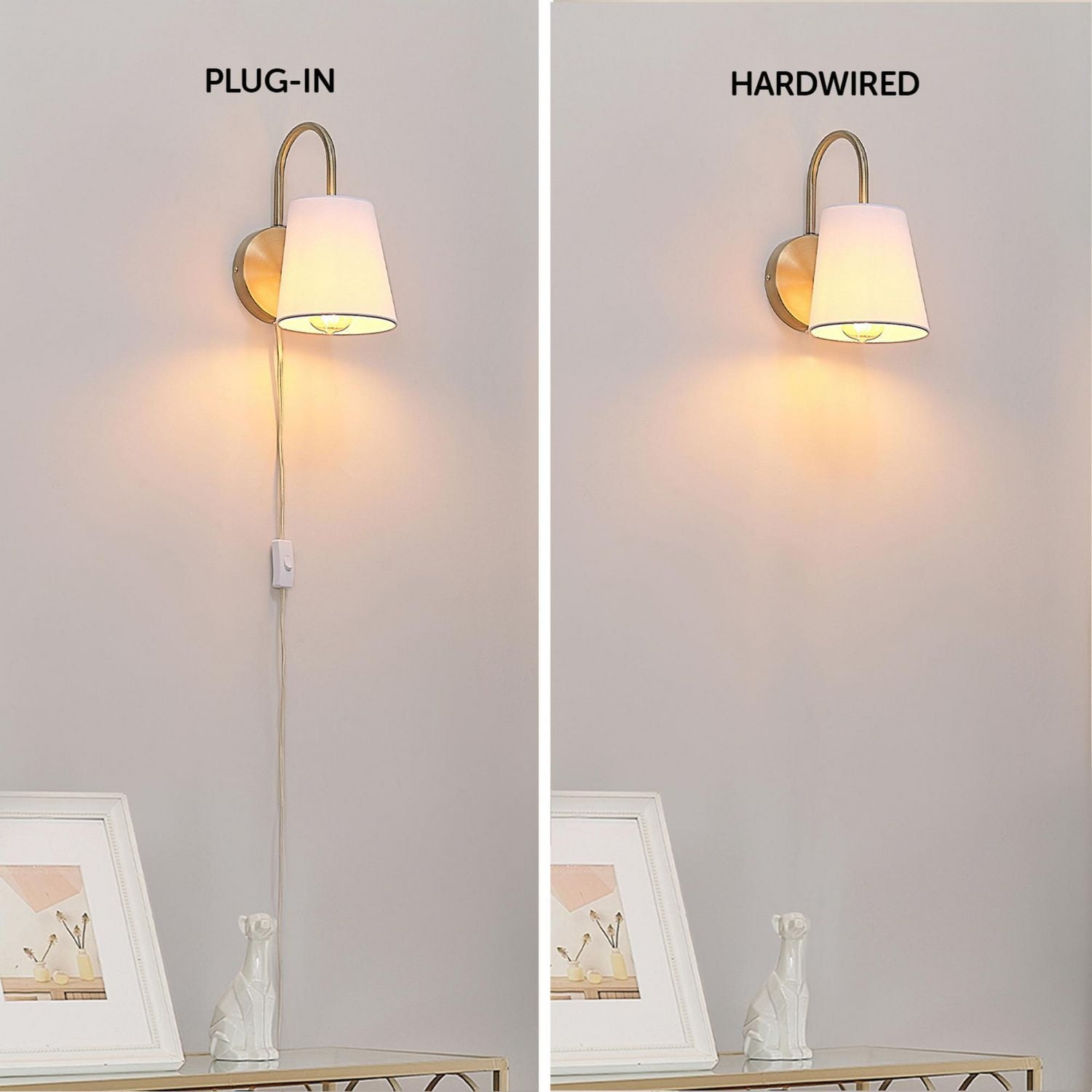 Novogratz x Globe 1-Light Matte Brass Hardwire or Plug-In Wall Sconce with White Textured Shade