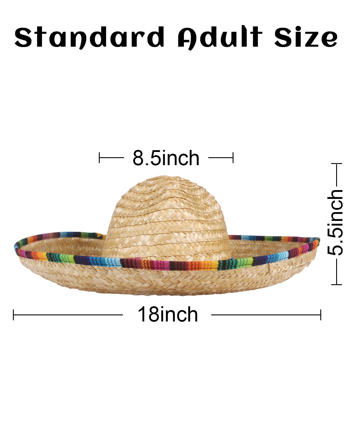 Gamexcel 18" Mexican Sombrero Hat, Natural Straw Wide Brim Fiesta Party Hat for Adults, Cinco de Mayo, Halloween, Sun Protection