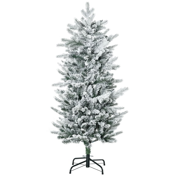 HOMCOM 4.5ft Flocked Christmas Tree with Snow Frosted Branches Auto Open Steel Base Green