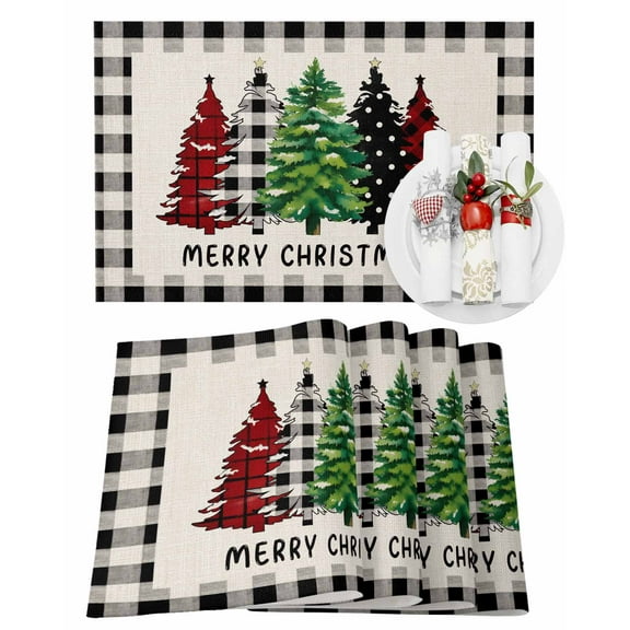 Merry Christmas Placemats Set of 8 Retro Plaid Xmas Pine Tree Black Plaid Linen Heat Insulation Washable Place Mats, Rustic Non-Slip Table Mats for Dining Table Party Kitchen Decor,13x19 Inch