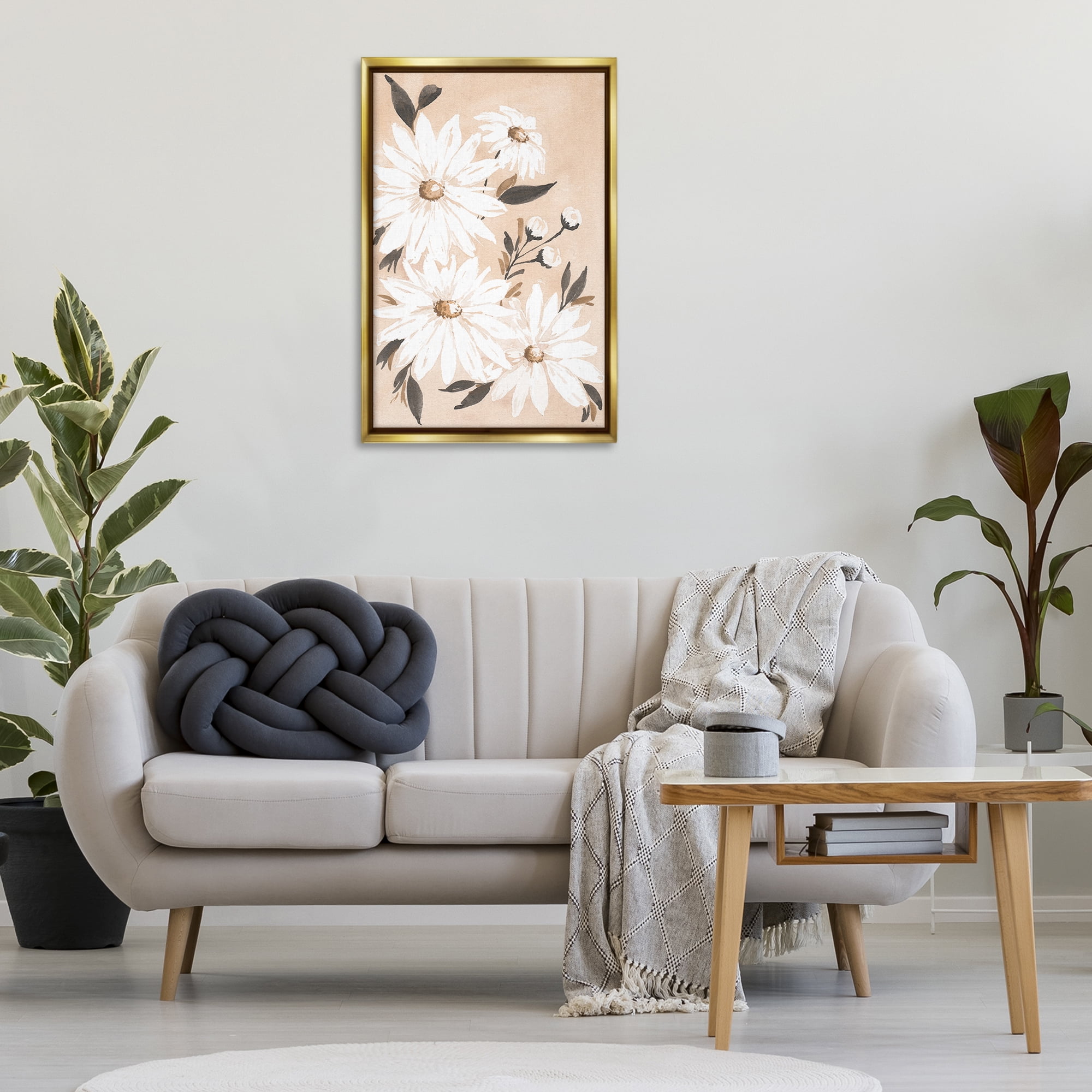 Stupell Industries Muted Neutral Daisies Botanical & Floral Painting Gold Floater Framed Art Print Wall Art, 21 x 31