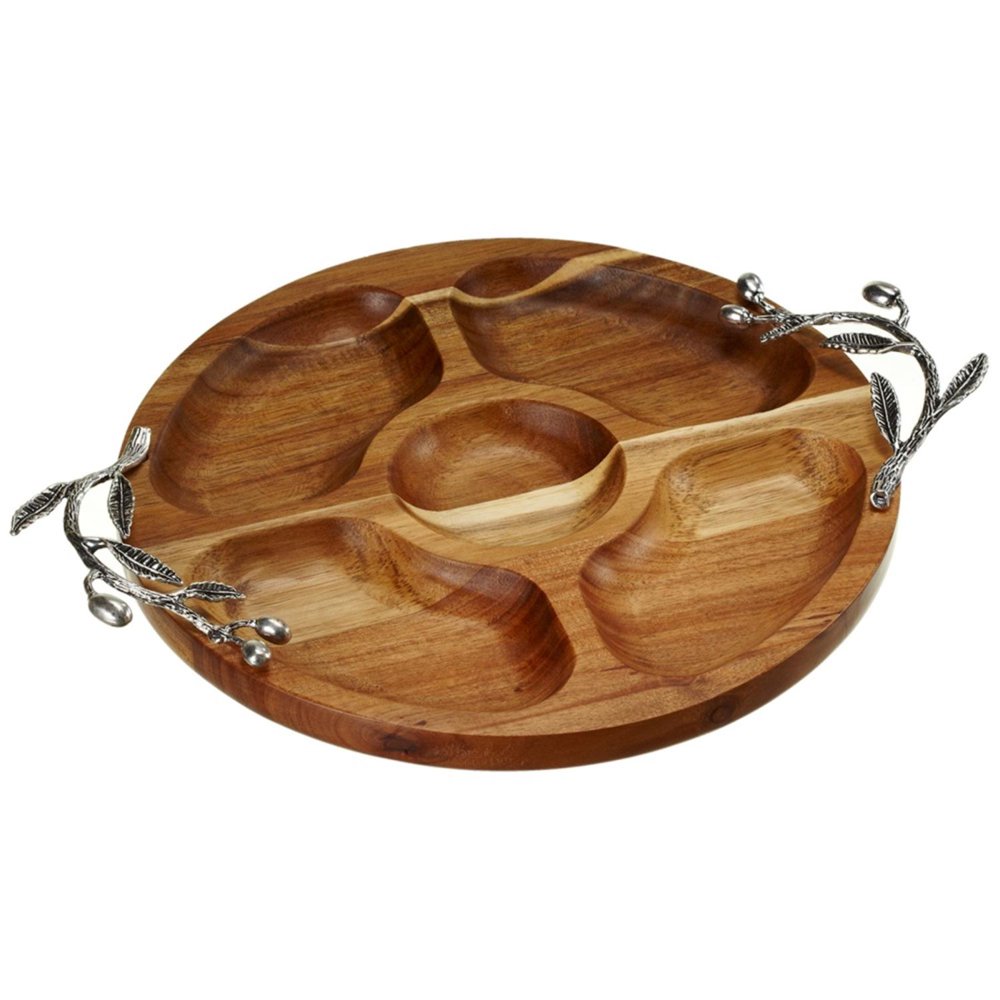 Set of Two Wooden Round Divided Trays with Metal Branch Handles 15.75