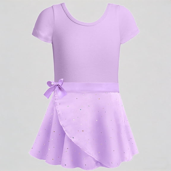 REDARER Girls Short Sleeve Ballet Leotard Dress Glitter Tutu Skirt with Tie Bow Dance Performance Practice Outfit,7-8 Years