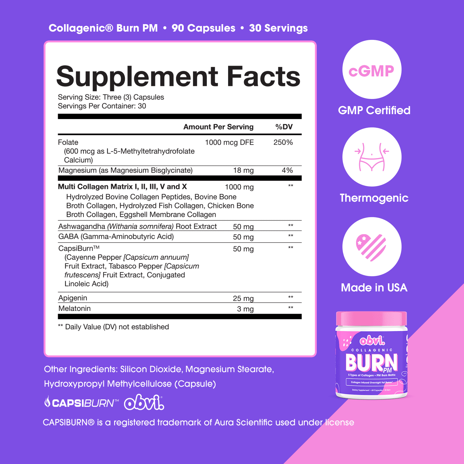 Obvi Collagenic Burn PM, Collagen Peptides Fat Burner for Weight Loss & Metabolism Support, 90 Capsules