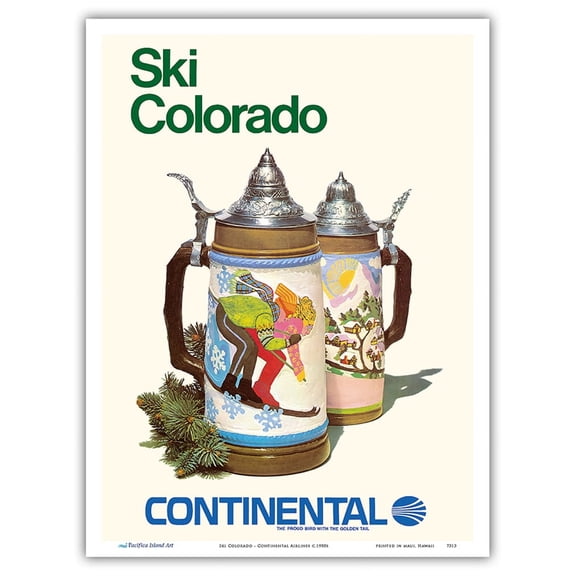 Ski Colorado - Skiing Beer Steins - Continental Airlines - Vintage Airline Travel Poster c.1980s - Master Art Print (Unframed) 9in x 12in