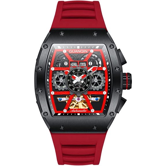 GUANQIN Men Automatic Wrist Watch Skeleton Tourbillon Tonneau Design Waterproof Adjustable Silicone Strap Business Luminous Sapphire Crystal Multifunction Clock