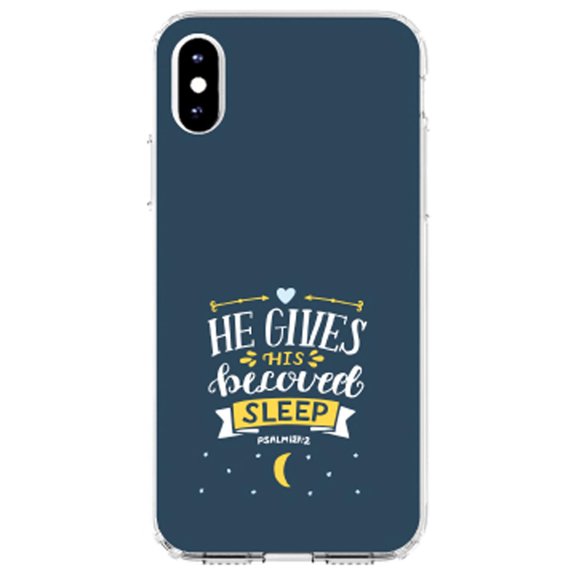 DistinctInk Clear Shockproof Hybrid Case for iPhone XS Max (6.5" Screen) - TPU Bumper, Acrylic Back, Tempered Glass Screen Protector - Psalm 127:2 - He Gives His Beloved Sleep