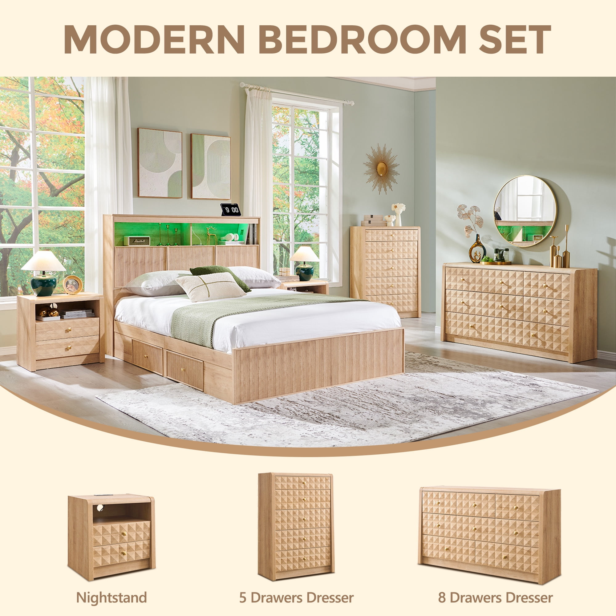 wow97e Modern 8 Drawer Dresser for Bedroom, Wooden Large Dressers & Chests of Drawers w/Diamond Panel Decorate, Natrual