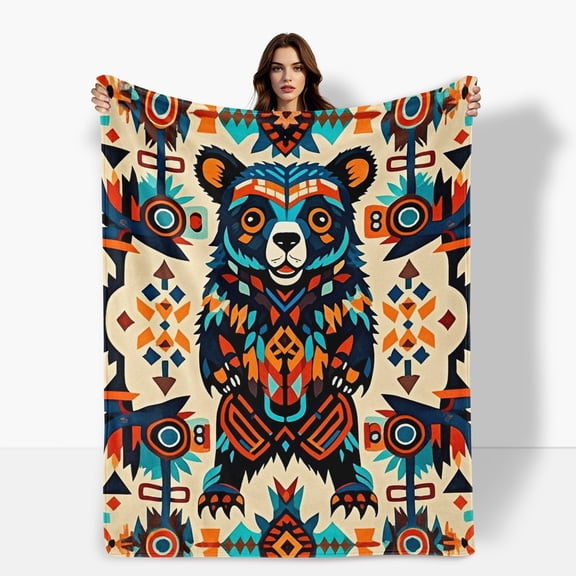 Bear Totem Wall Hanging Friendship Flannel Blanket Soft Warm Comfortable For Sofa Bed Travel Camping Living Room Office Chair Polyester Fiber Gift For Family Or Friends