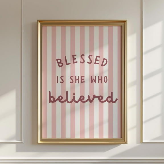 Blessed Is She Who Believed Bible Verse Print Pink Stripe Christian Wall Art For Girls Room Or Nursery Luke 1:45 Scripture Decor, Wall Art, Modern Wall Decor, 8x12 UNFRAMED