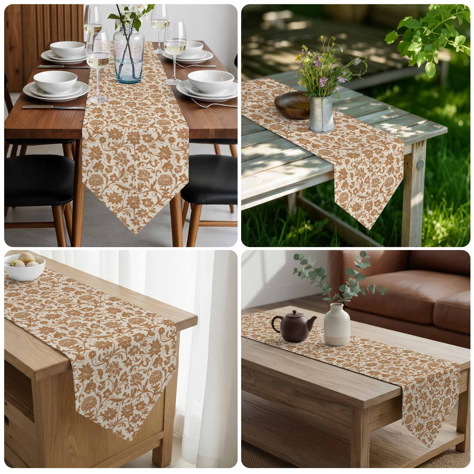 Brown Floral Table Runner Linen Burlap Table Runner 60 Inches Long Vintage Rustic Flowers Botanical Spring Dresser Scarves for Kitchen Island Coffee Dining Party Wedding Banquet Holiday Decor 13"x60"