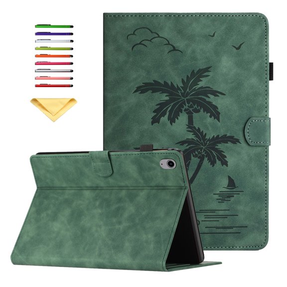 Allytechgroup for iPad 10th Generation Case 10.9 inch 2022 with Stand/Pencil Stylus Holder/Card Pockets/Magnetic Closure Smart Embossed Palm Tree PU Leather Folio Wallet Cover, [Auto Wake/Sleep],Green