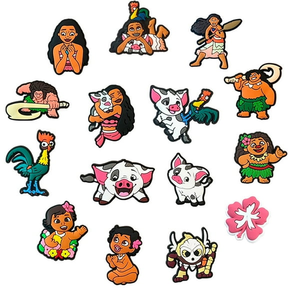 15-Piece Moana PVC Shoe Charms Pack, No-Repeat Cute Cartoon Shoes Decorations for Unisex