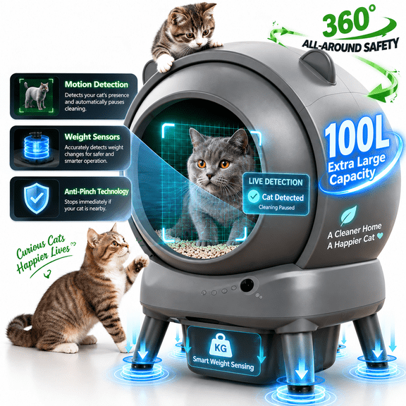 Quiet Self Cleaning Litter Box for Multiple Cats, 100L 15L Automatic Cat Litter Box with Odor Elimination & Safety Protection, App Control, Includes Mat & Bags
