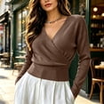 thumbnail image 5 of Bzdzmqm Womens V Neck Wrap Sweater Long Sleeve Ribbed Knit Slim Fit Pullover Top Fall Winter Office Work Wear, Coffee XL, 5 of 9