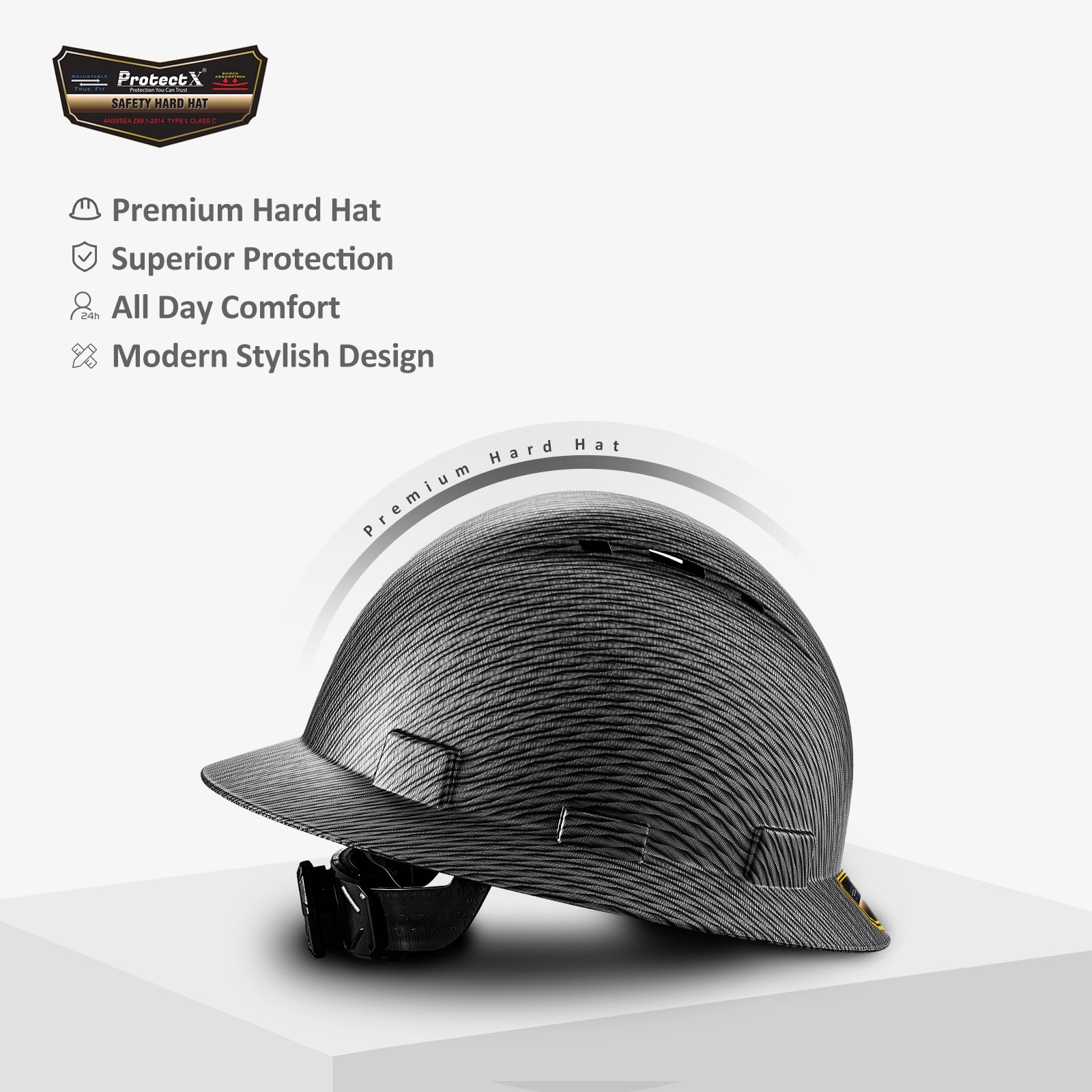 ProtectX Premium Full Brim Hard Hat, Cascos De Construccion for Safety, Vented, 6-point Adjustable Ratchet Suspension, Grey Long Carbon Fiber, OSHA/ANSI Compliant