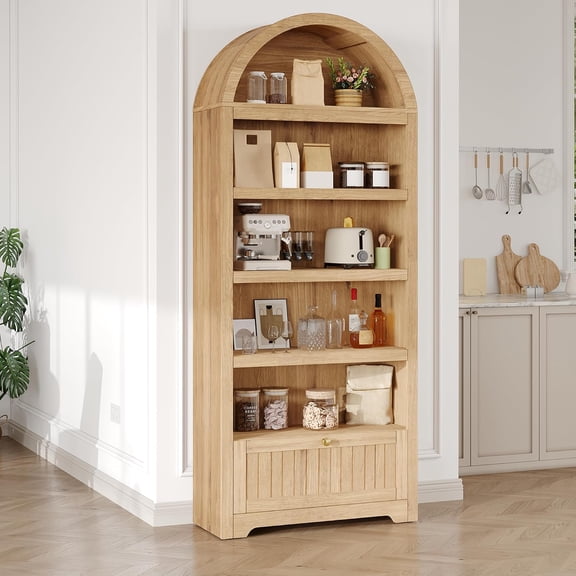 71" Tall Arched Book Shelf, 6 Tier Freestanding Bookshelf with Drawer and Open Display Shelves, Mid Century Modern Arched Bookcase for Living Room, Bedroom, or Home Office, Natural