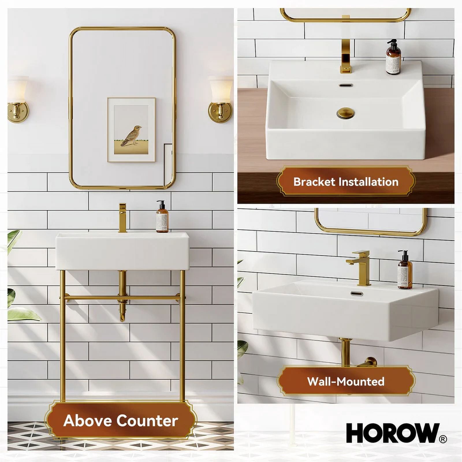 HOROW 24" Console Bathroom Sink,Free Standing 30 Inch Stainless Steel Support Pedestal Legs, Gold