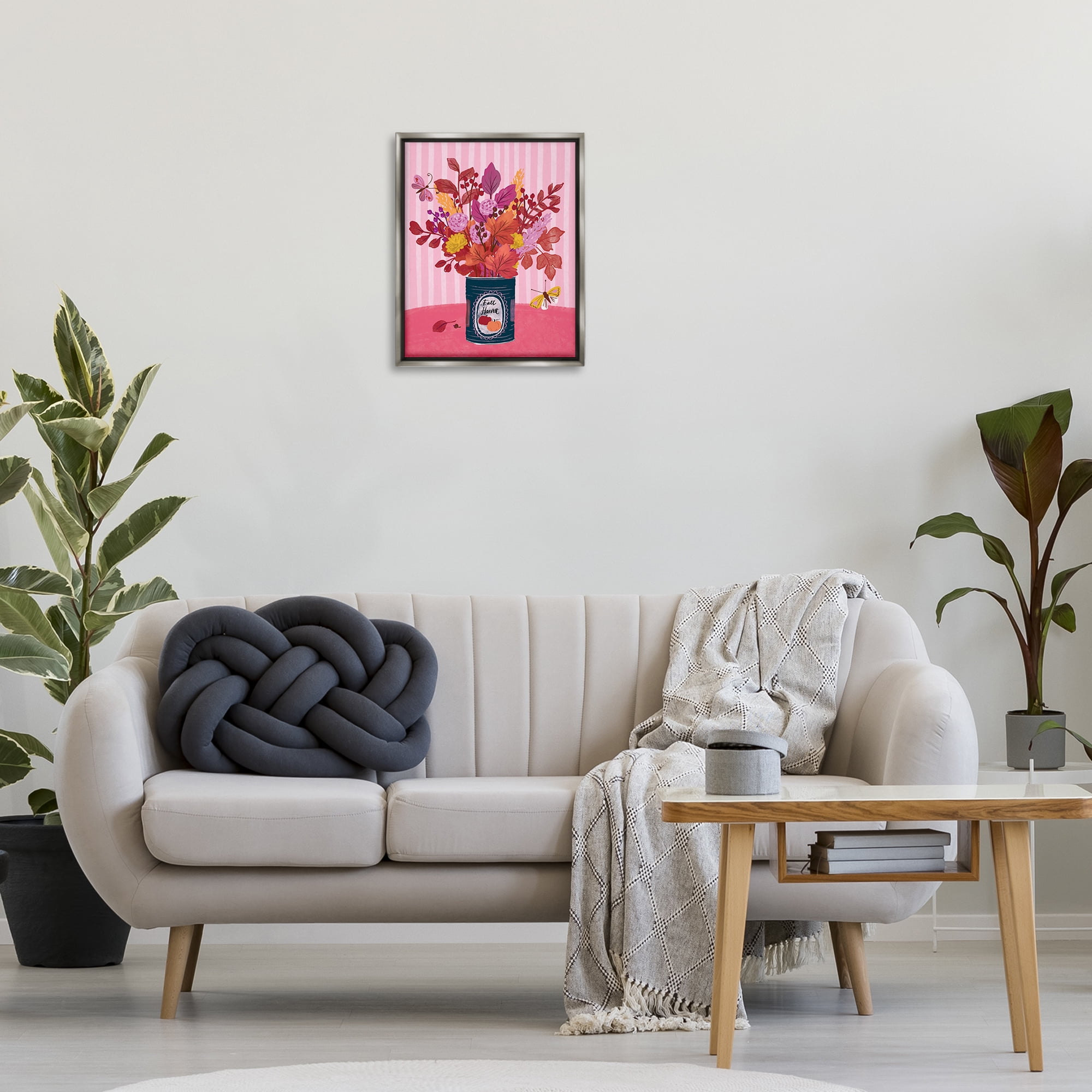 Stupell Industries Fall Bouquet on Stripes Plants & Flowers Painting Gray Floater Framed Canvas Art Print Wall Art, 17 x 21