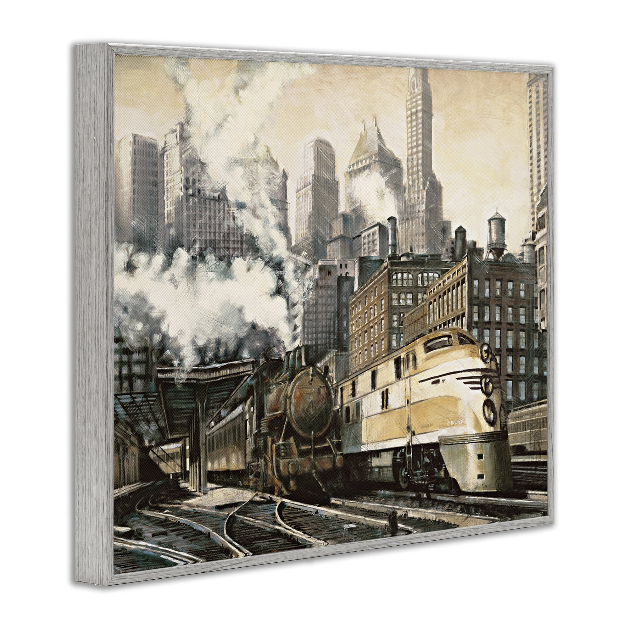 Stupell Industries Urban Steam Train Scenery Painting Gray Framed Art Print Wall Art, 30 x 24