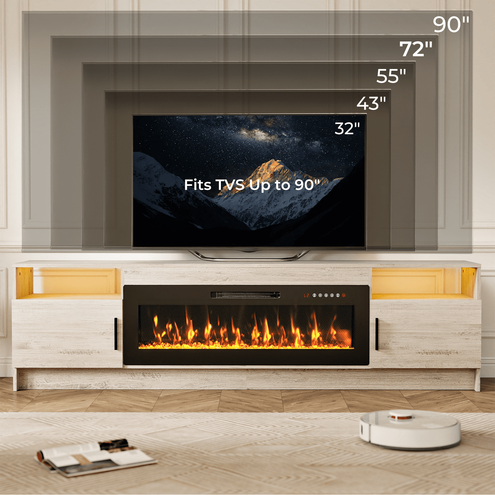 Flictozena 80" TV Stand with Fireplace and LED Lights - Entertainment Center for 90 inch TVs, Modern TV Cabinet with High-Gloss Storage Doors for Living Room, Gray