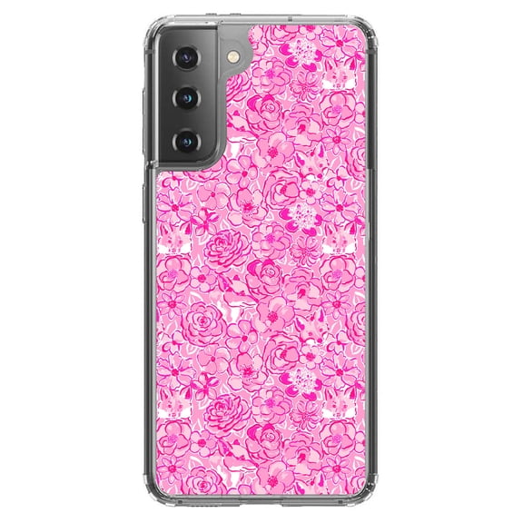 DistinctInk Clear Shockproof Hybrid Case for Galaxy S21  PLUS 5G (6.7" Screen) - TPU Bumper, Acrylic Back, Tempered Glass Screen Protector - Preppy Pattern - Pink & White Flowers Floral