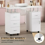 Nail Table Station for Nail Tech with Electric Downdraft Vent & Locking Castors & Wrist Cushion, Beauty Salon Resistant with Drawers & Cabinet Home Manicure Table Nail Desk for Spa Beauty Salon
