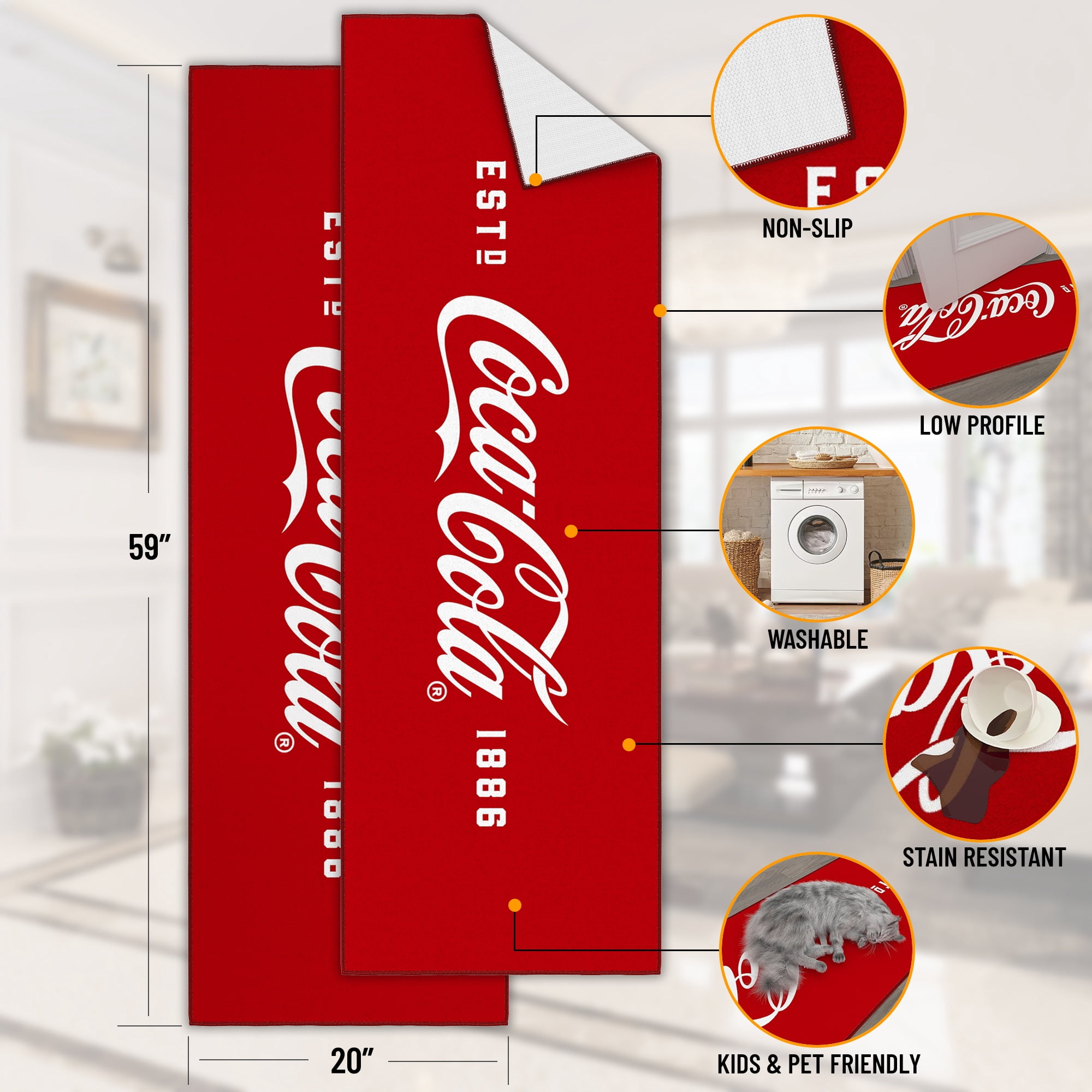 Ottomanson Coca-Cola Logo Machine Washable Non-Slip Rubberback 2x5 Runner Rug, 20"x 59", Red