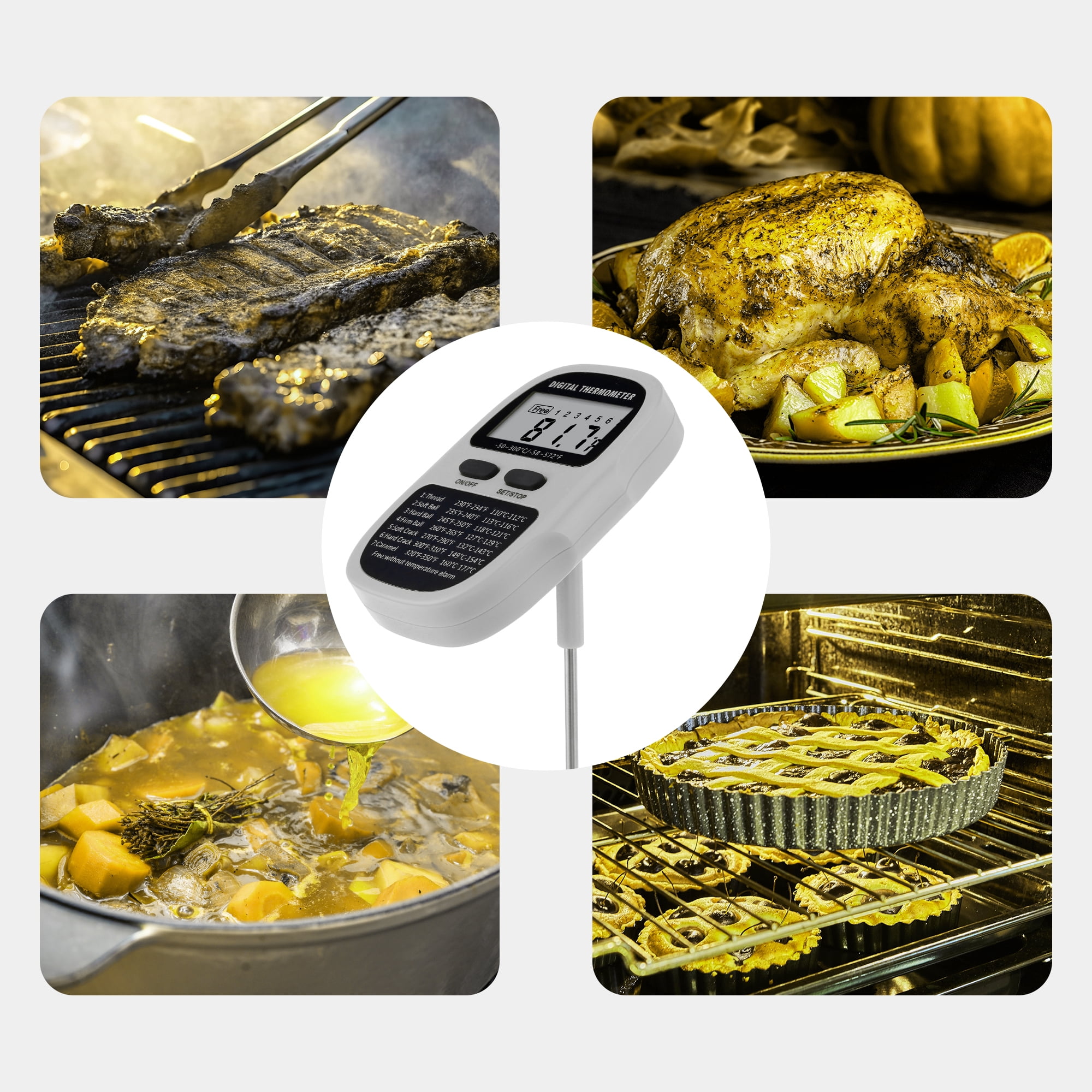 Digital Meat Thermometer, Instant Read Food Thermometer with Clip, Cooking Thermometer for Home and Kitchen, Outside, Smoker Grey 9.5in
