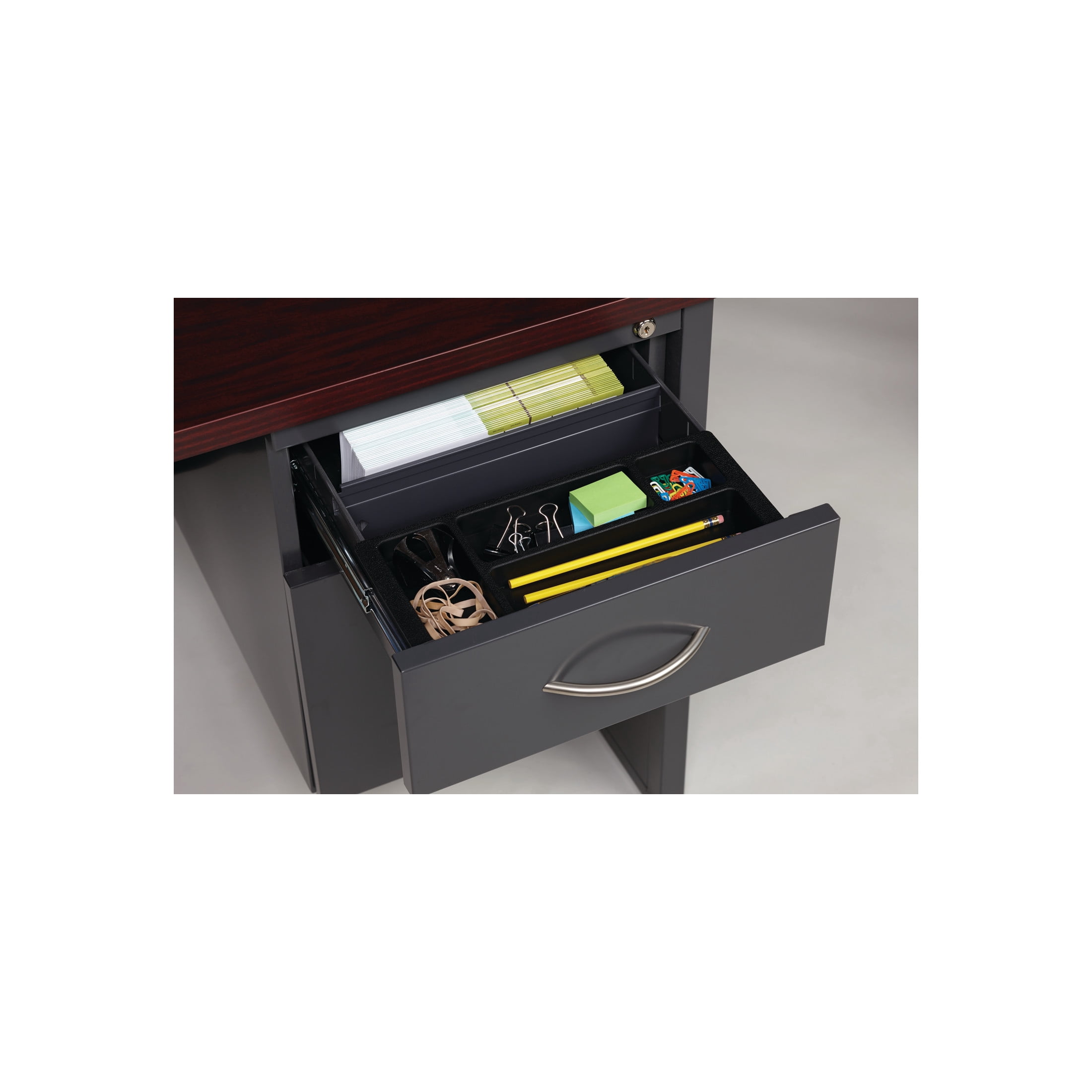 Hirsh Executive Office Modular Right-Hand Single Pedestal File Office Desk, 30" D x 48" W, Charcoal/Mahogany