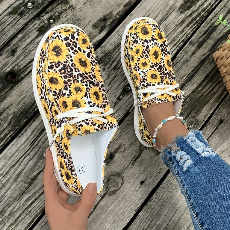 Women's Sunflower & Leopard Print Canvas Shoes, Casual Lace
