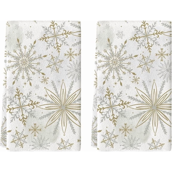 Beige Snowflake Winter Kitchen Towels Dish Towels, 16x24 Inch Farmhouse Holiday Decoration Cleaning Set of 2