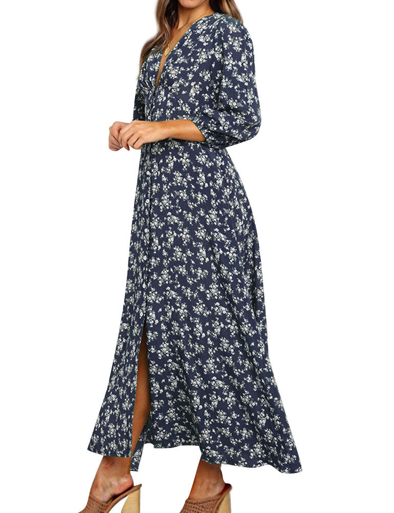 Women V Neck Floral Printed Button Maxi Dress - Walmart.com