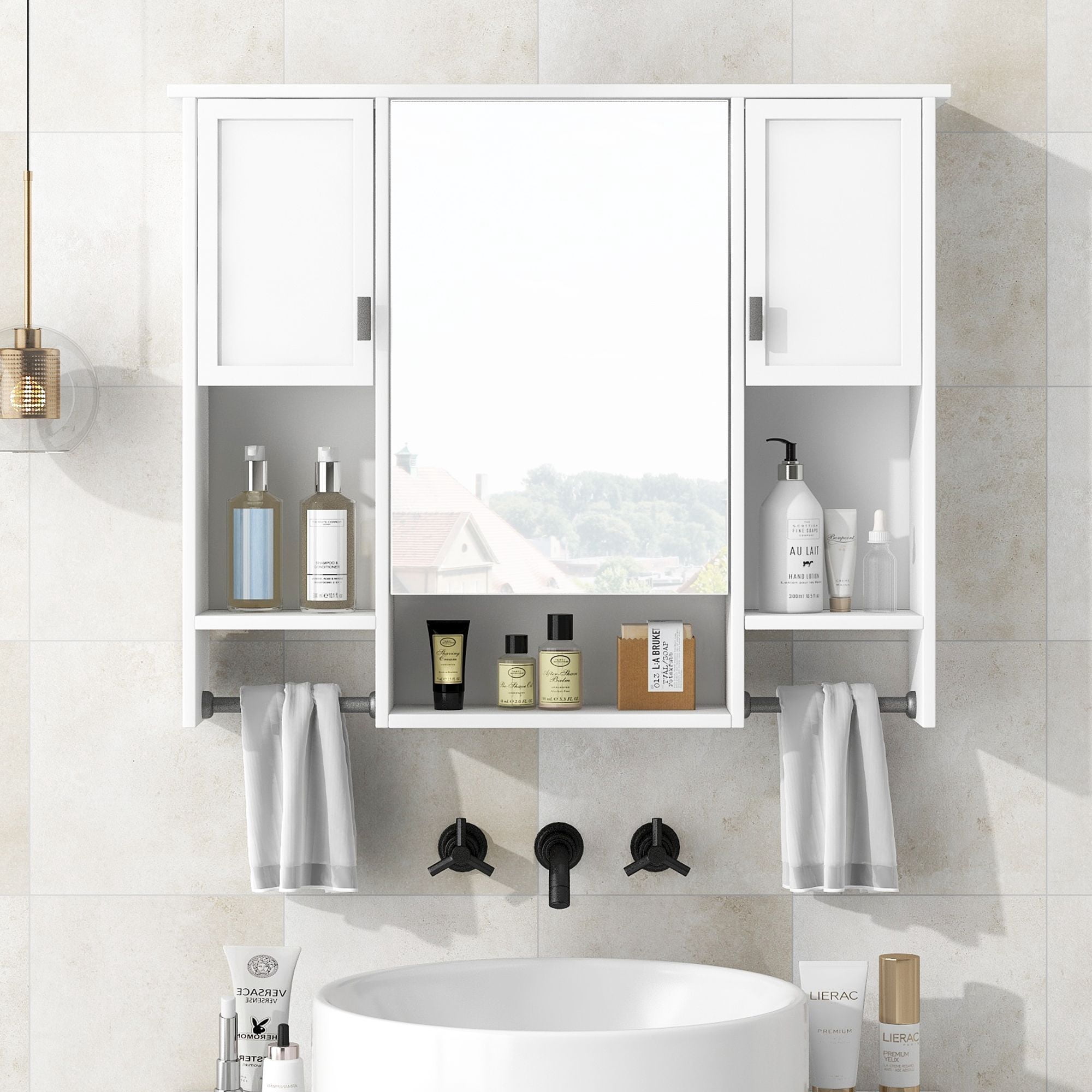 DEALTOPS Stylish Wall Mounted Bathroom Mirror Cabinet with Open Shelves and Towel Racks, White
