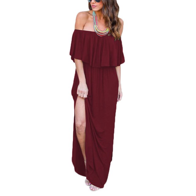 Vestido largo con hombros descubiertos y bolsillo con volantes y cintura alta con abertura lateral y corte holgado para mujer, color rojo vino XL