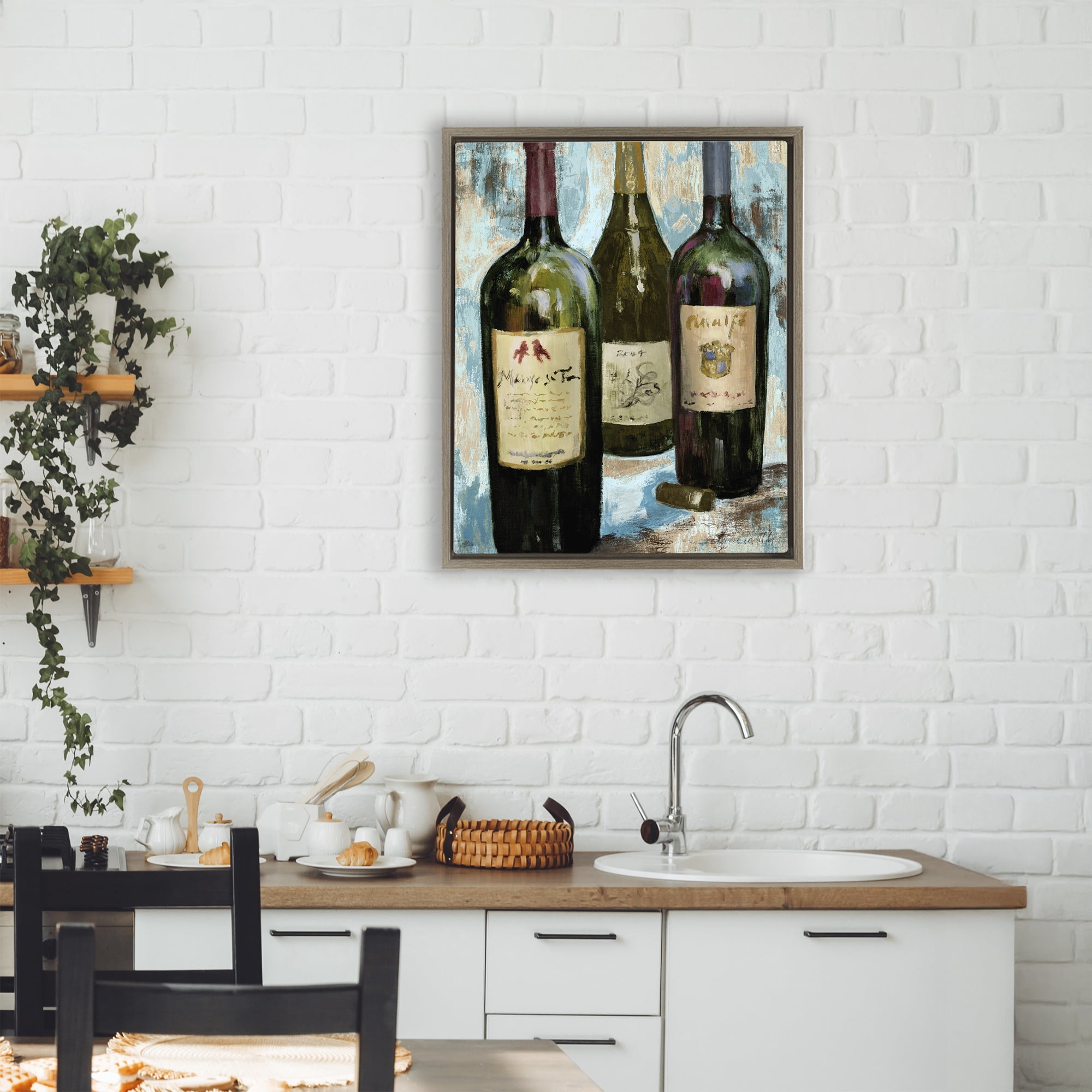 Stupell Industries Labeled Wine Bottle Trio Brown Framed Floater Canvas Wall Art, design by Lanie Loreth