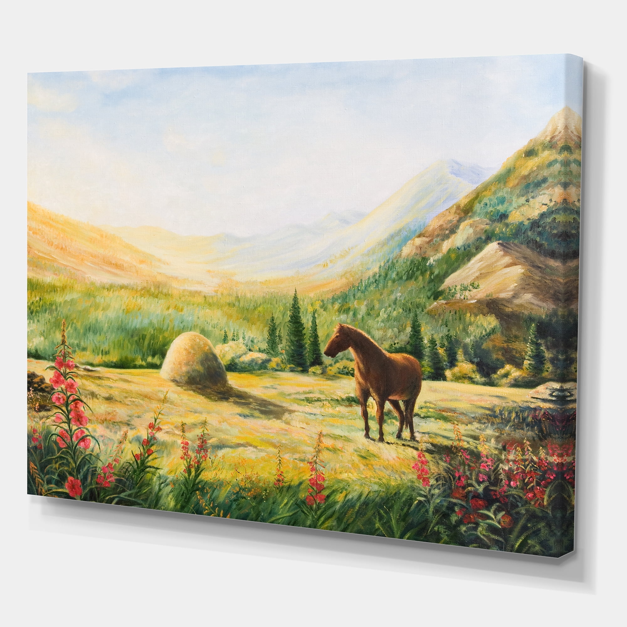 Designart ' Sunrise In The Mountains With Horse ' Farmhouse Canvas Wall Art Print