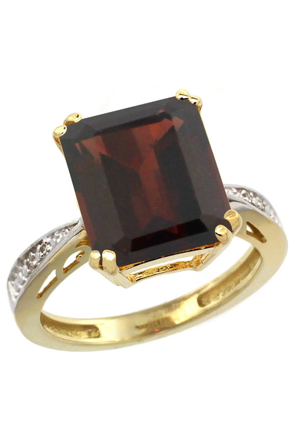 14K Yellow Gold Diamond Natural Garnet Ring Emerald-cut 12x10mm, size 5