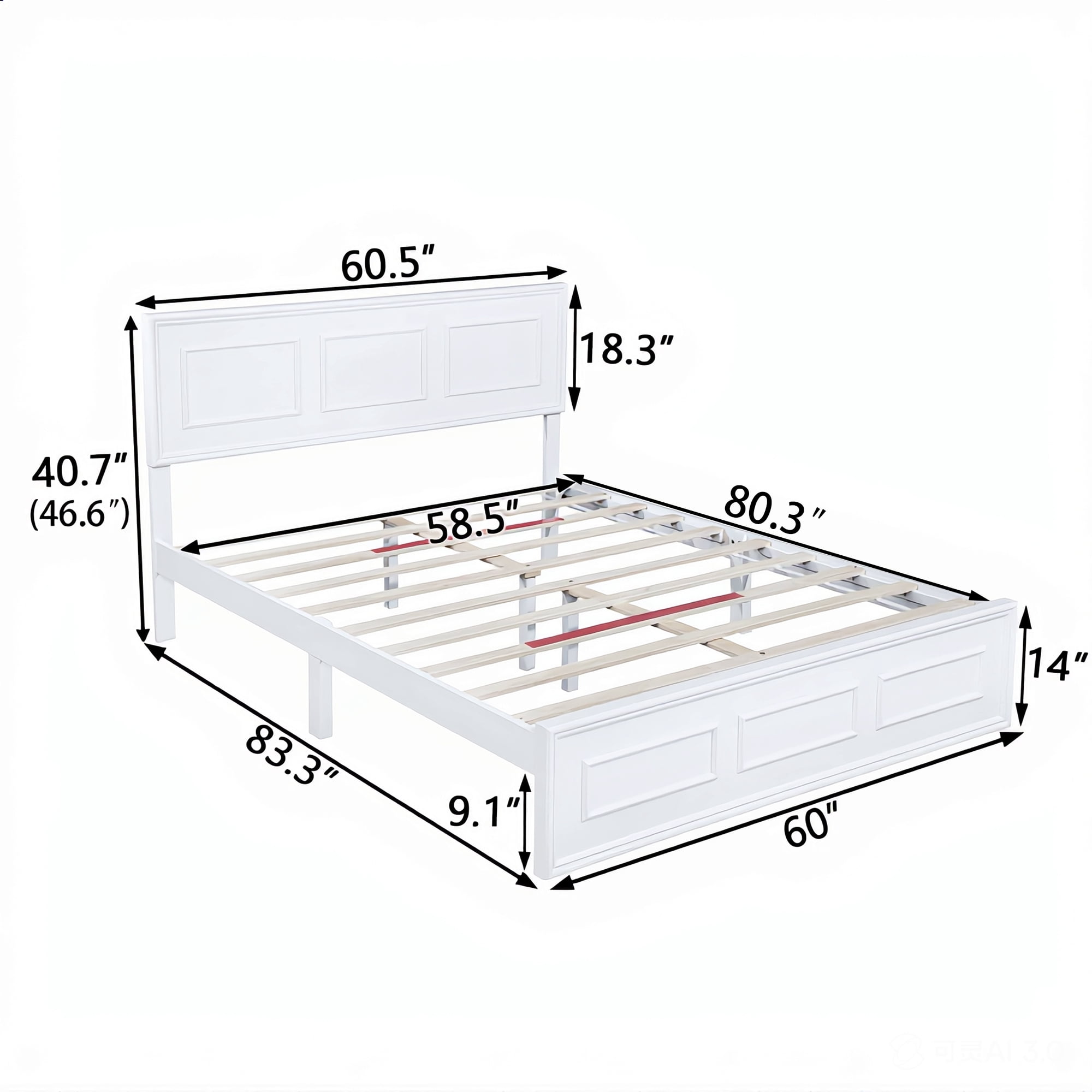 Queen Bed Frame with Adjustable Height Headboard and Geometric Panel Design, Wood Platform Bed and Mattress Foundation with Strengthened Frame, White